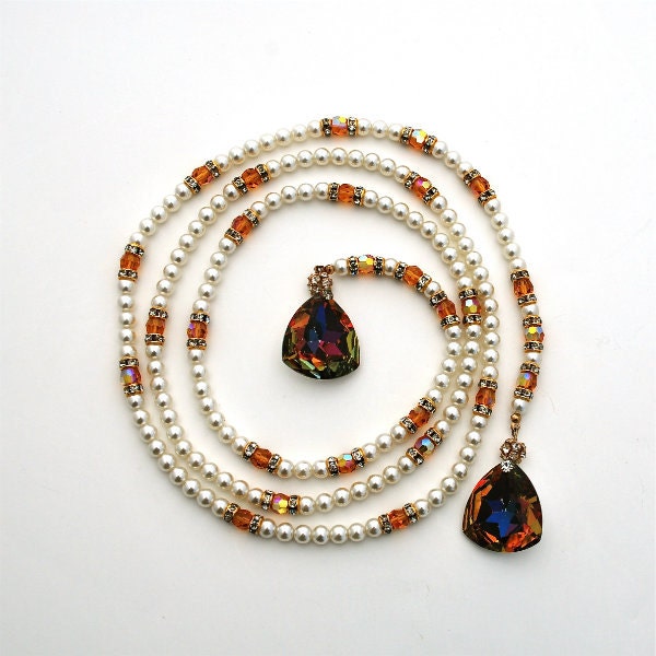 Vintage Jewelry Rope Necklace or Belt Faux Pearl Glass Beads Rhinestones