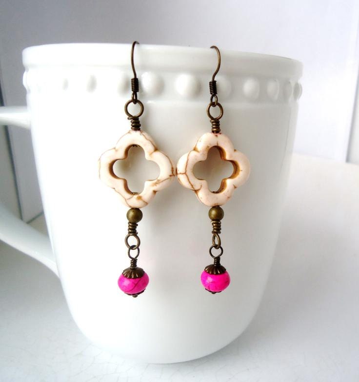 White Quatrefoil Earrings, Lucky Clover Earrings, Four Leaf Clover,  Alhambra, Long Dangle Earrings