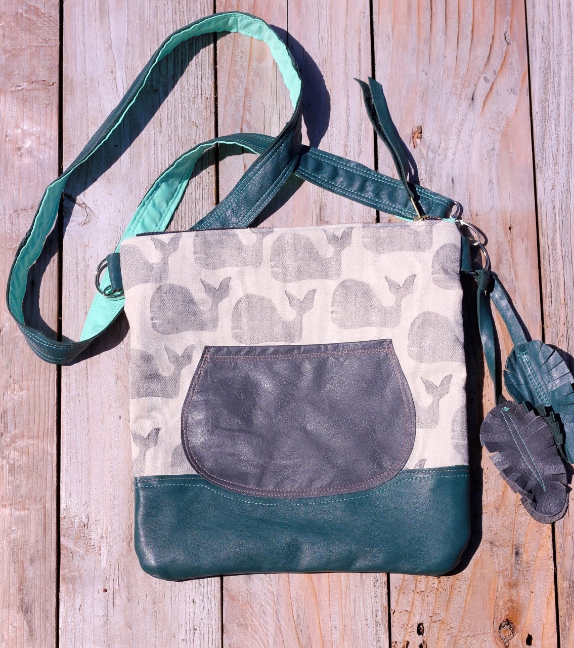 Piper Satchel in hand-stamped whale print, grey reclaimed leather, turquoise reclaimed leather, mint, & handmade leather feather charms