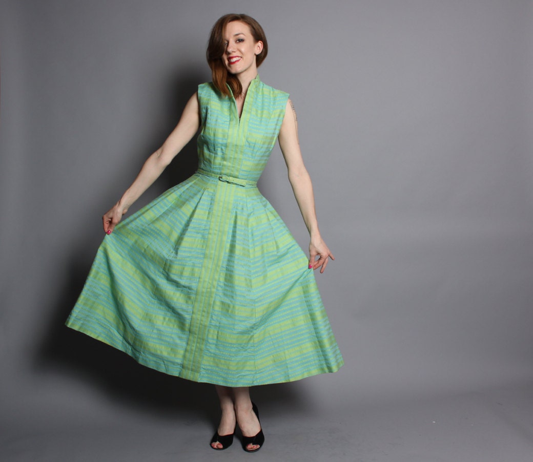 50s SUZY PERETTE Designer DRESS / Green & Blue Brocade Sun Dress, xs - s