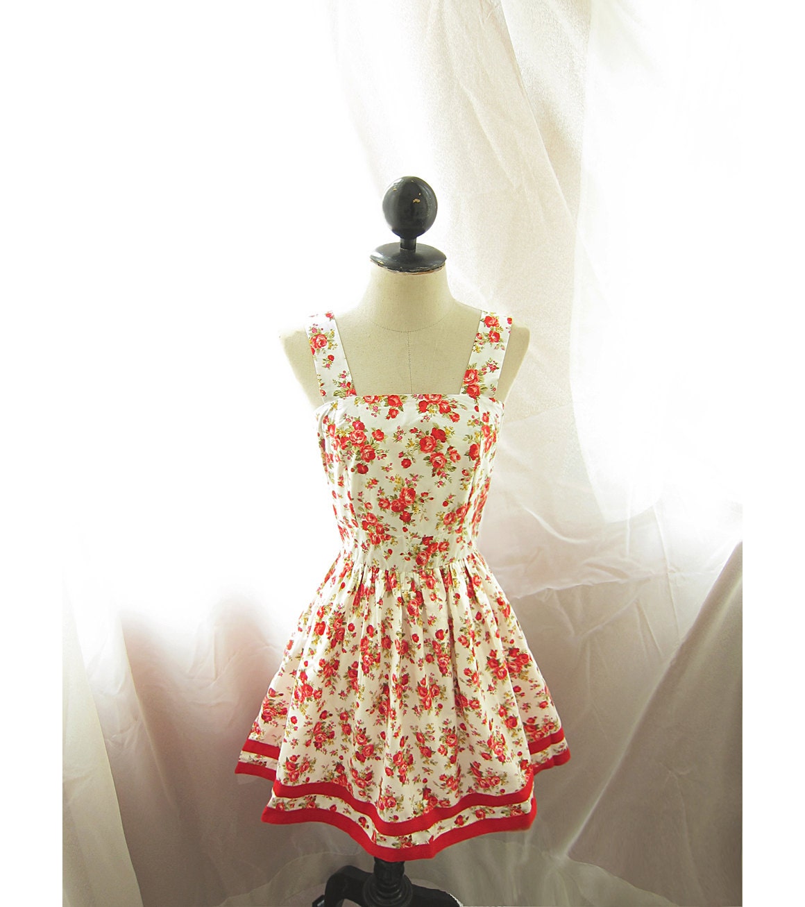 Rockabilly Retro 50's White Quaint Romantic Antique Rustic Jane Austen Red Roses Marie Antoinette Alice in Wonderland Vintage Striped Dress