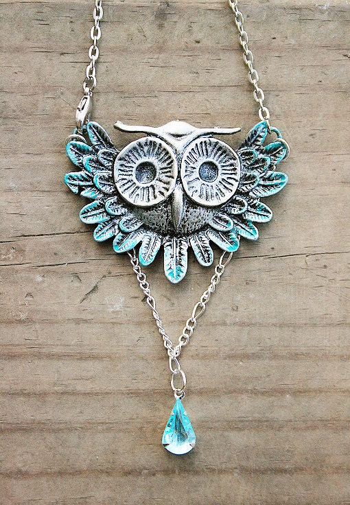 Frosty Silver and Blue Owl Head Necklace