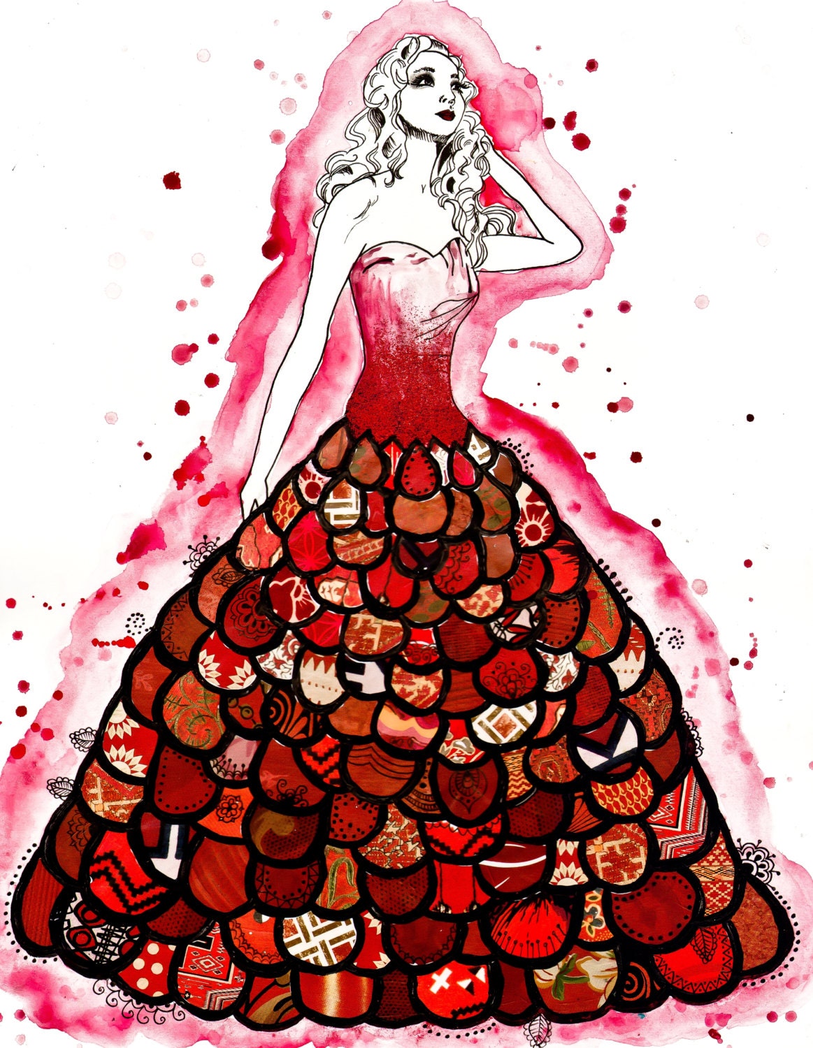 The Red Dress original mixed media illustration red glitter scarlet ruby fashion illustration