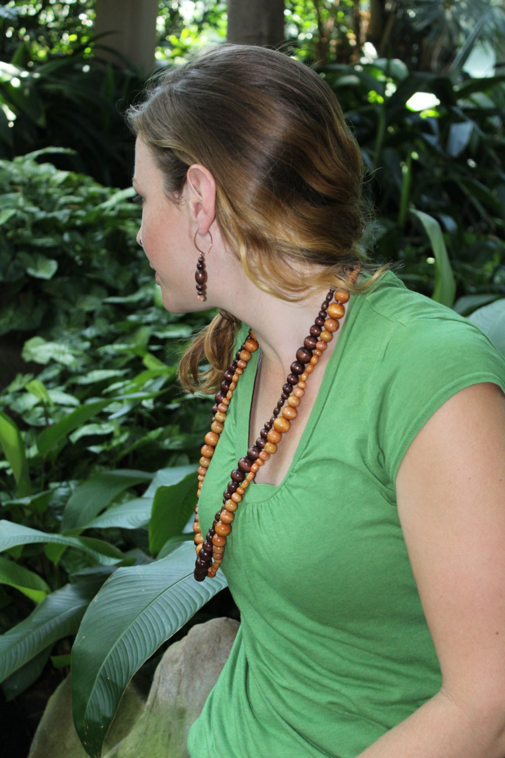 Boho Long Beaded Necklace and Earring set, earth tone, 30 inches, neutrals, dark brown