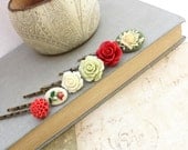Flower Bobby Pins Floral Hair Accessories Resin Flowers Red Rose Coral Dahlia Green Rose Green Cameo Botanical Shabby ChicSet of Six(6)