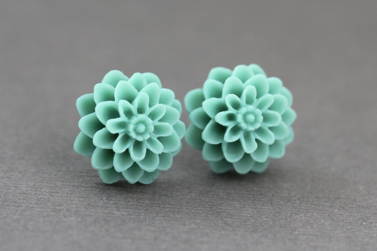 Flower Stud Earrings : Teal Flower Stud Earrings, Sterling Silver Plated Earring Posts, Simple, Fun, PomPom, Matte