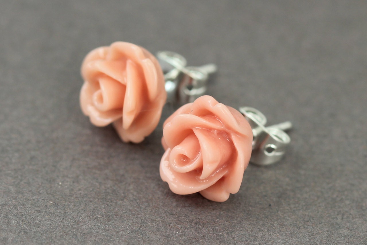 Flower Stud Earrings : Vintage Pink Dusty Rose Flower Stud Earrings, Sterling Silver Plated Earring Posts, Fun