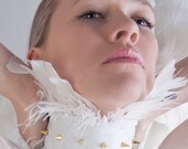Feather Neck Corset- White and Gold Leather Choker- Studded Collar - handmade by lovemimo on Etsy