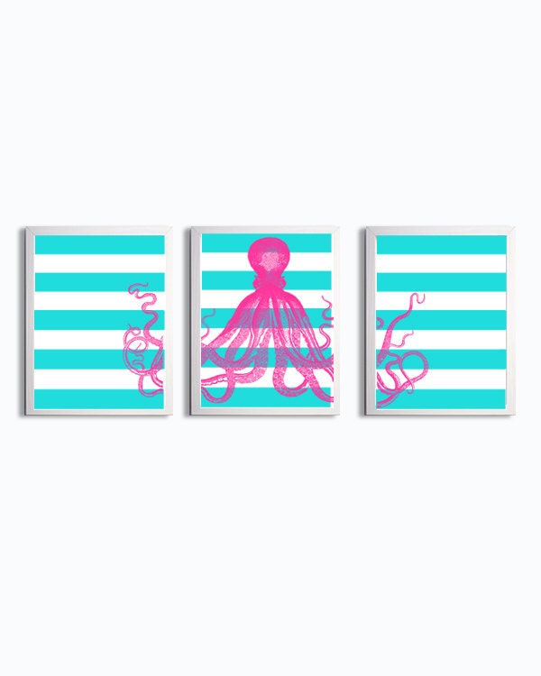 Octopus Ocean Beach Nautical Hot Pink Bright Turquoise Stripes Set of 3 art prints each size 11x14