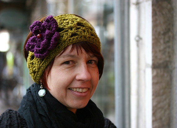 Olive Crochet headband, Flower headband, Lace headband, Head Wrap, Headband, Ear warmer