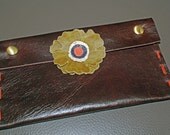 Brown, Orange and Green Leather Flower Clutch Handbag
