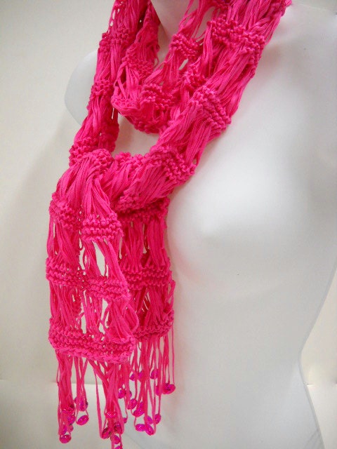 Womens Knit Scarf, Luxury Cotton Scarf, Fashion Scarf, Beaded Scarf, Lightweight Womens Scarves, Hot Pink