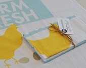 Farm Fresh kitchen tea towel, Chicken & Eggs, screen printed, blue and yellow