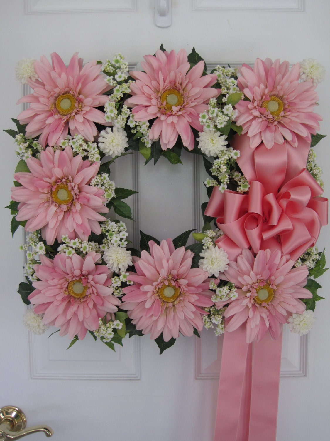 PINK DAISIES Spring Summer Pink/White Wedding Wreath- Free Shipping