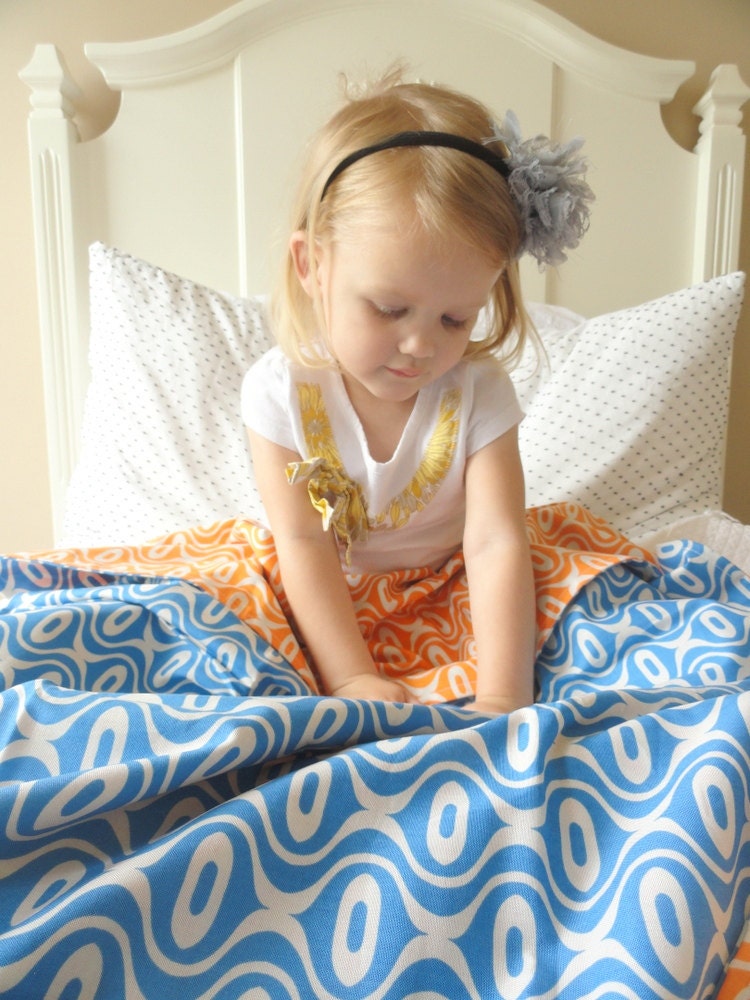 Handmade Baby Blanket -  Reversible Mod Blue Mod Orange  - Orange and Blue Mod Baby Bedding