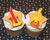 Fondant cupcake toppers Flame Guitar and Microphone, Rock and Roll
