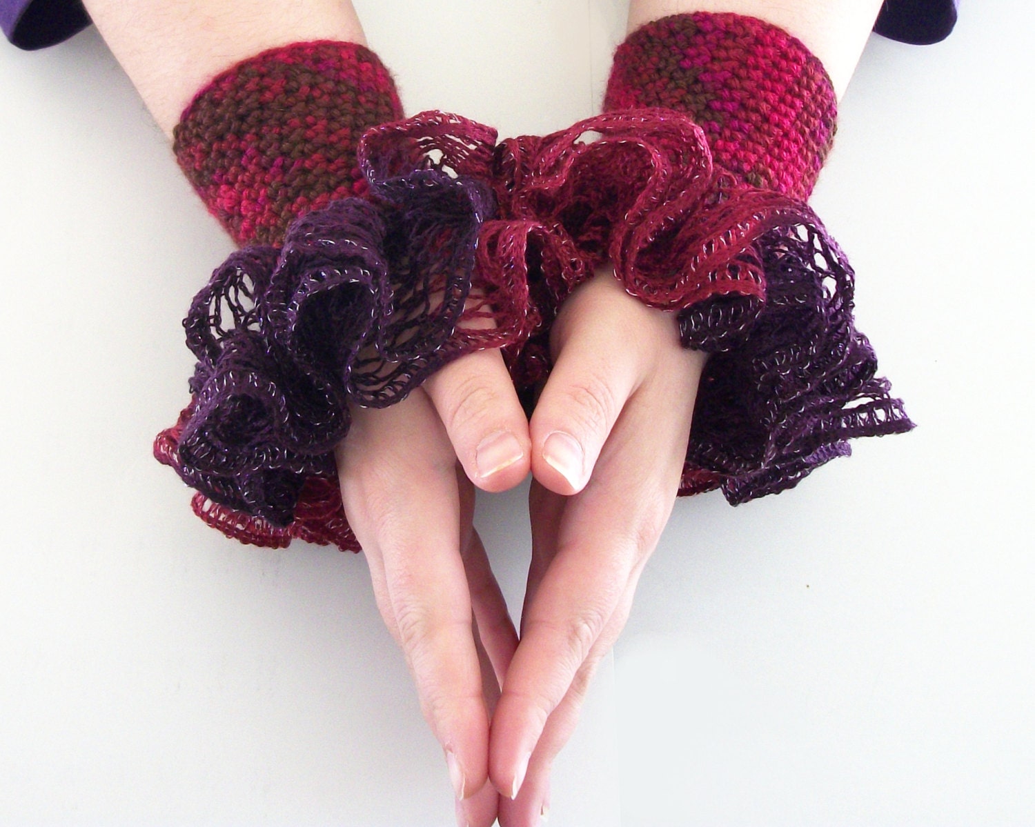 Red and Purple Ruffled Wrist Cuff Wrist Warmers Victorian Ruffles