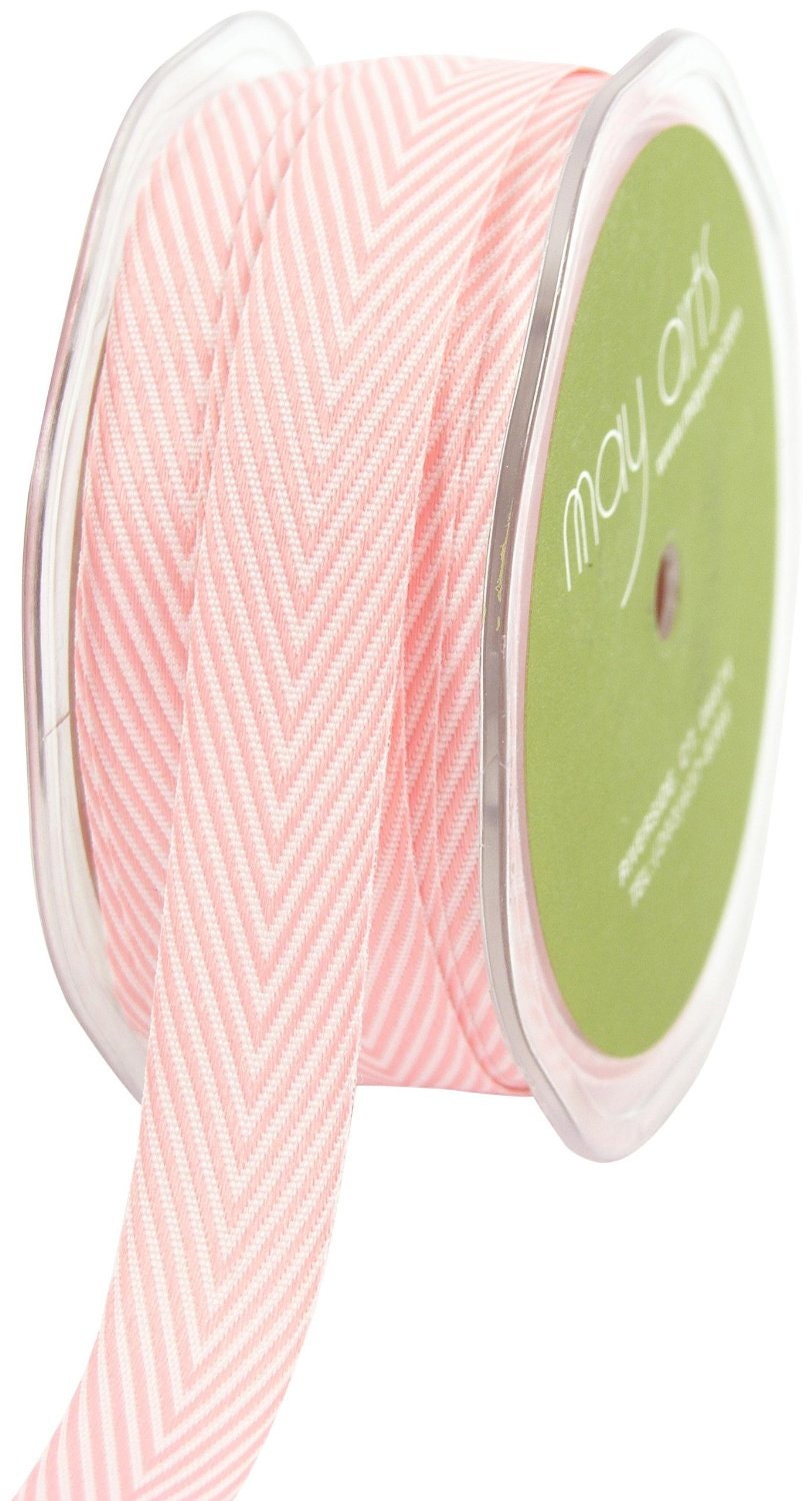 1 yd-  PINK Twill Stripes Chevron  - 3/4-Inch Wide Ribbon - May Arts
