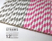 Grey and Pink Paper Stripey Straws  12pk & Digital Flags - Party - Birthday - Baby Shower - Wedding - Lemonade Stand
