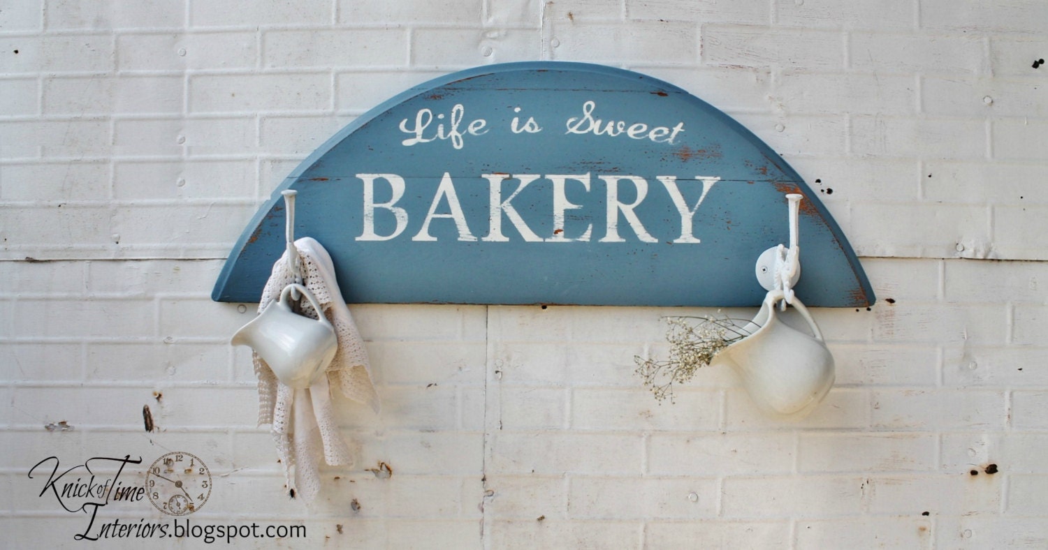 Bakery Sign Coat Rack Wall Hooks - LIFE is SWEET BAKERY Sign - Created from Antique Wooden Table Salvage