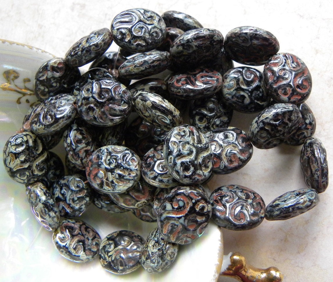 Carved Oval Beads, Black Picasso Opaque, Vintage Look, Chunky Czech Glass, 17 x 14mm, Full Strand 10