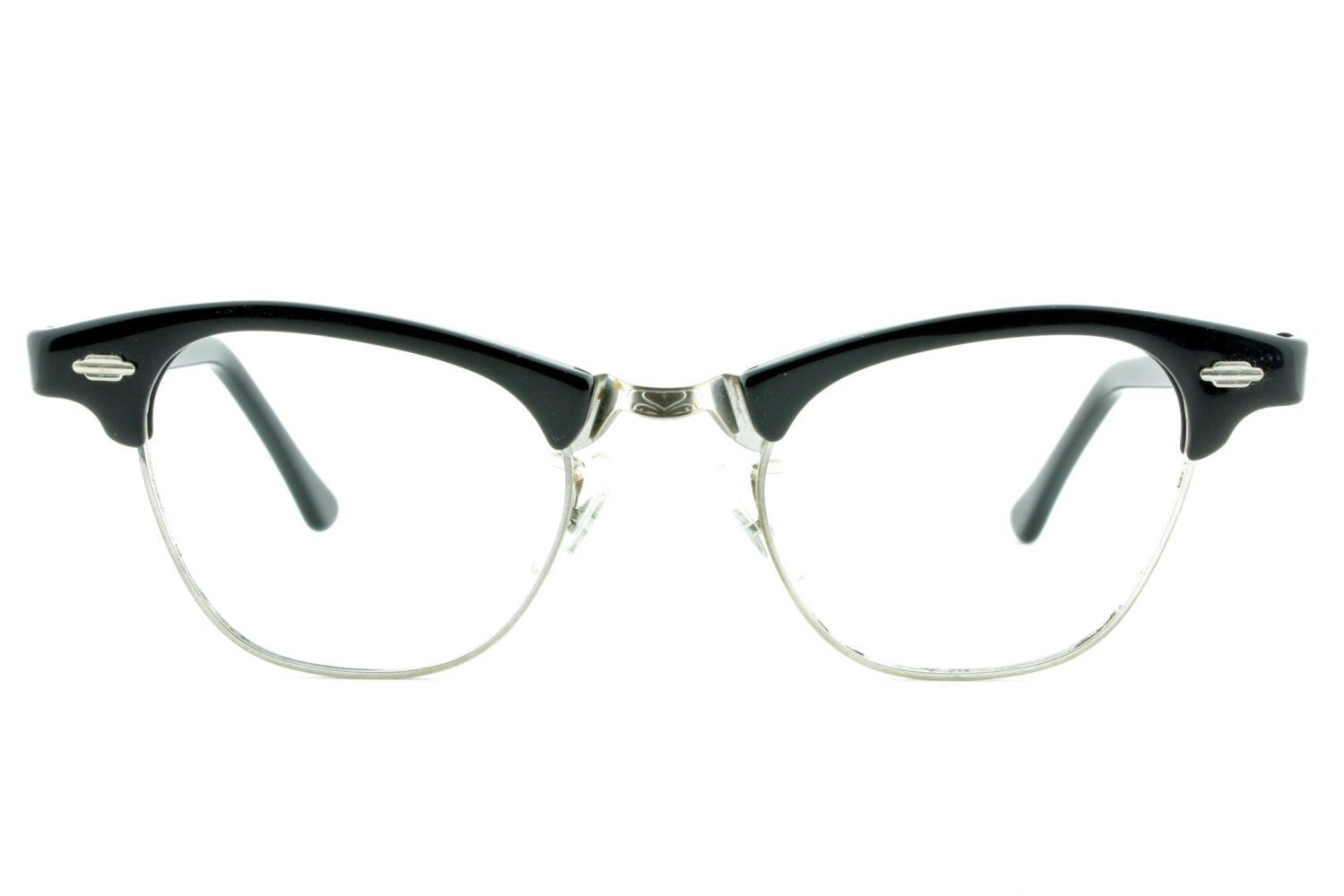 Vintage 1970's Art Craft cat eye combination frames in 12 Kgf silver metal and black acetate  - FREE DOMESTIC SHIPPING
