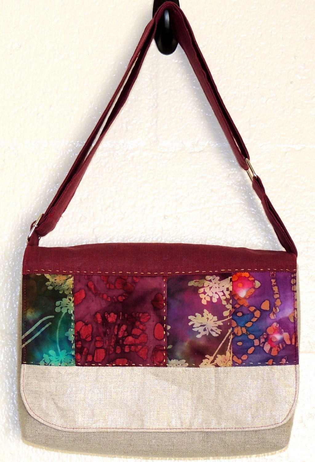 Patchwork Batiks Purple and Gold Metallic Linen Messenger Bag Adjustable Strap