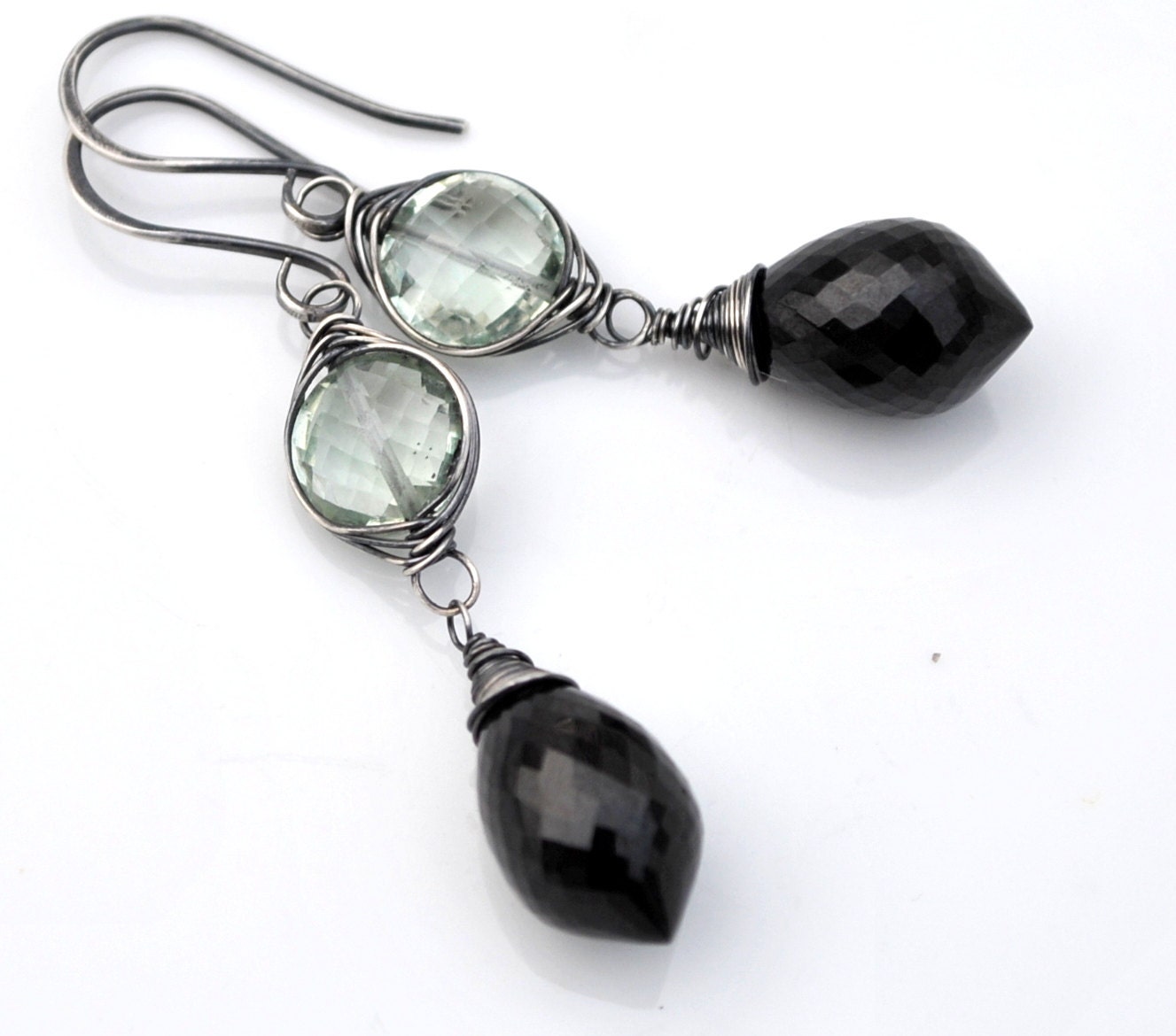 Pale Green Amethyst and Black Spinel Earrings in Gunmetal - Oxidized Sterling Silver, Fine Gemstones, Wire Wrapped, Gift For Her, Classic