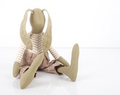 Stuffed bunny toy Khaki Rabbit doll  -  wearing beige striped shirt  and Natural linen striped pants , timo-handmade cloth doll