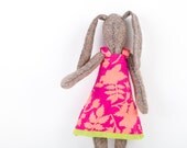 Spring  Softie plush stuffed bunny toy - knitted pure silk doll  Wearing a fuchsia dress with peach flowers - timo handmade fabric doll