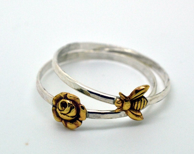 Rose Ring, Bee Ring, Sterling Silver Stacking Rings, Flowers, Insect Jewelry, Animal Jewelry
