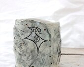 OKLAHOMA RELIEF- Ceramic Stoneware Footed Vessel with Tilted Goat Carving