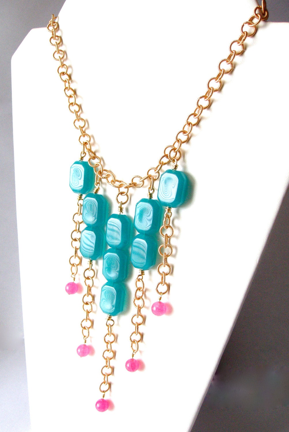 Tribal Style Resort Statement Necklace Blue Glass and Pink Jade - One of a Kind