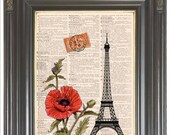 BOGO SALE Vintage Paris poppies Eiffel Tower French collage Dictionary art print printed on old antique dictionary page. Item No. 398