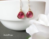 Dainty Gold Earrings, Ruby Bezel Earrings, July Birthstone, Mothers Earrings, Drop Earrings, Wedding jewelry, Bridal Jewelry