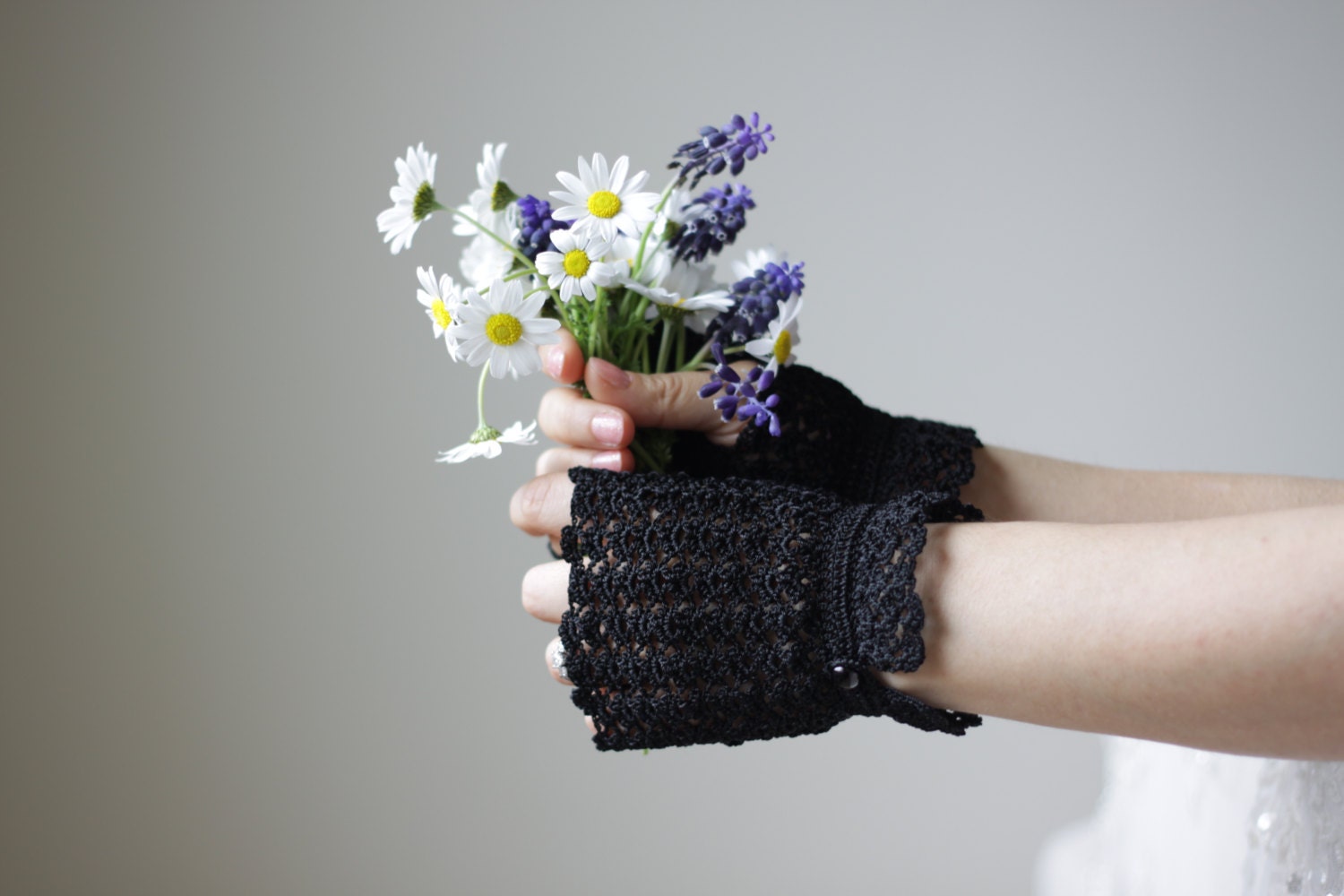 Black Lace Gloves, Fingerless, Crochet, Wedding Bridesmaid gift,  Bridal, Handmade Accessories,