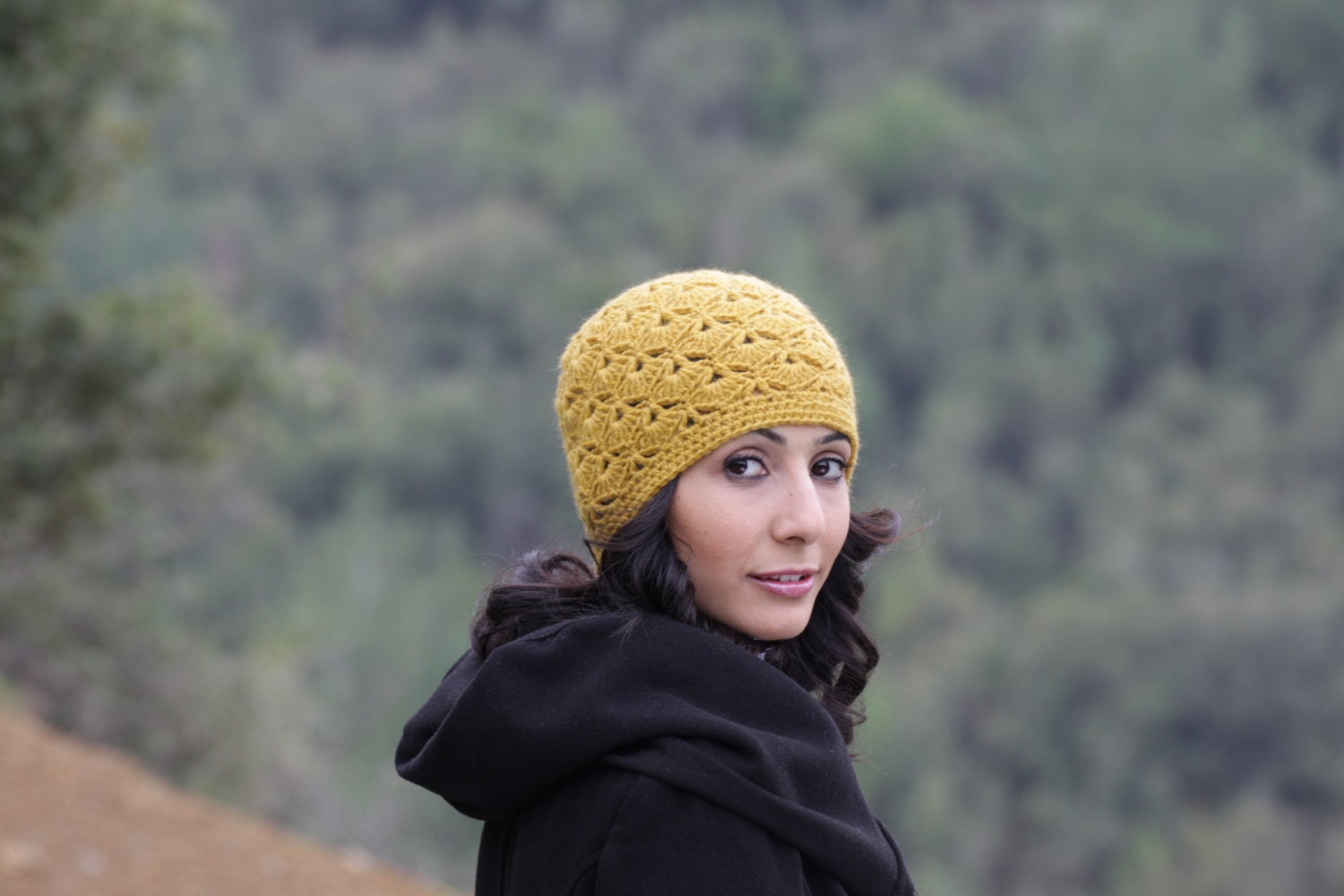 Winter Crochet Beanie Hat for Women in Mustard