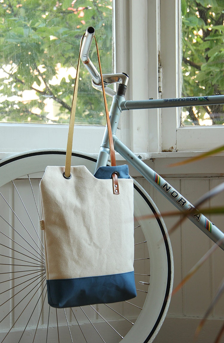 Tote bag - yin yang bag waxed cotton canvas in sky blue with leather strap