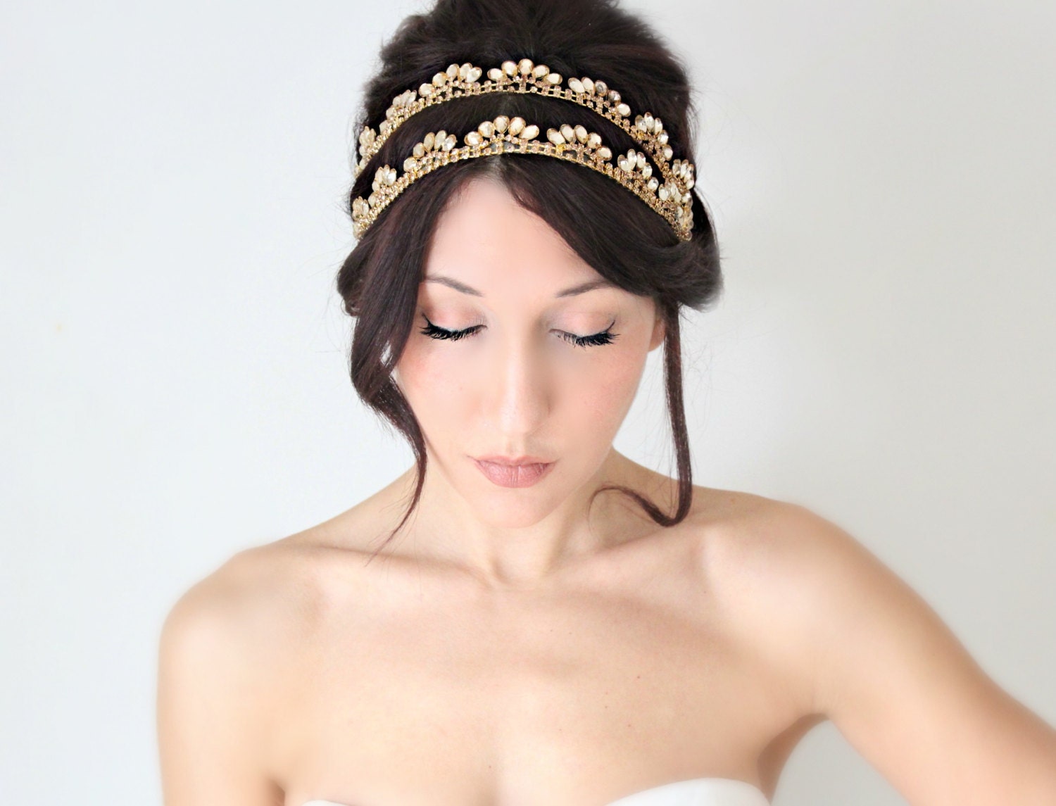 Bridal Headband, Gold Whimsical Romance, Rhinestone, Bridal Hair,Tiara, wedding accessory, bridal headpiece, Flapper - La Oiseau - -