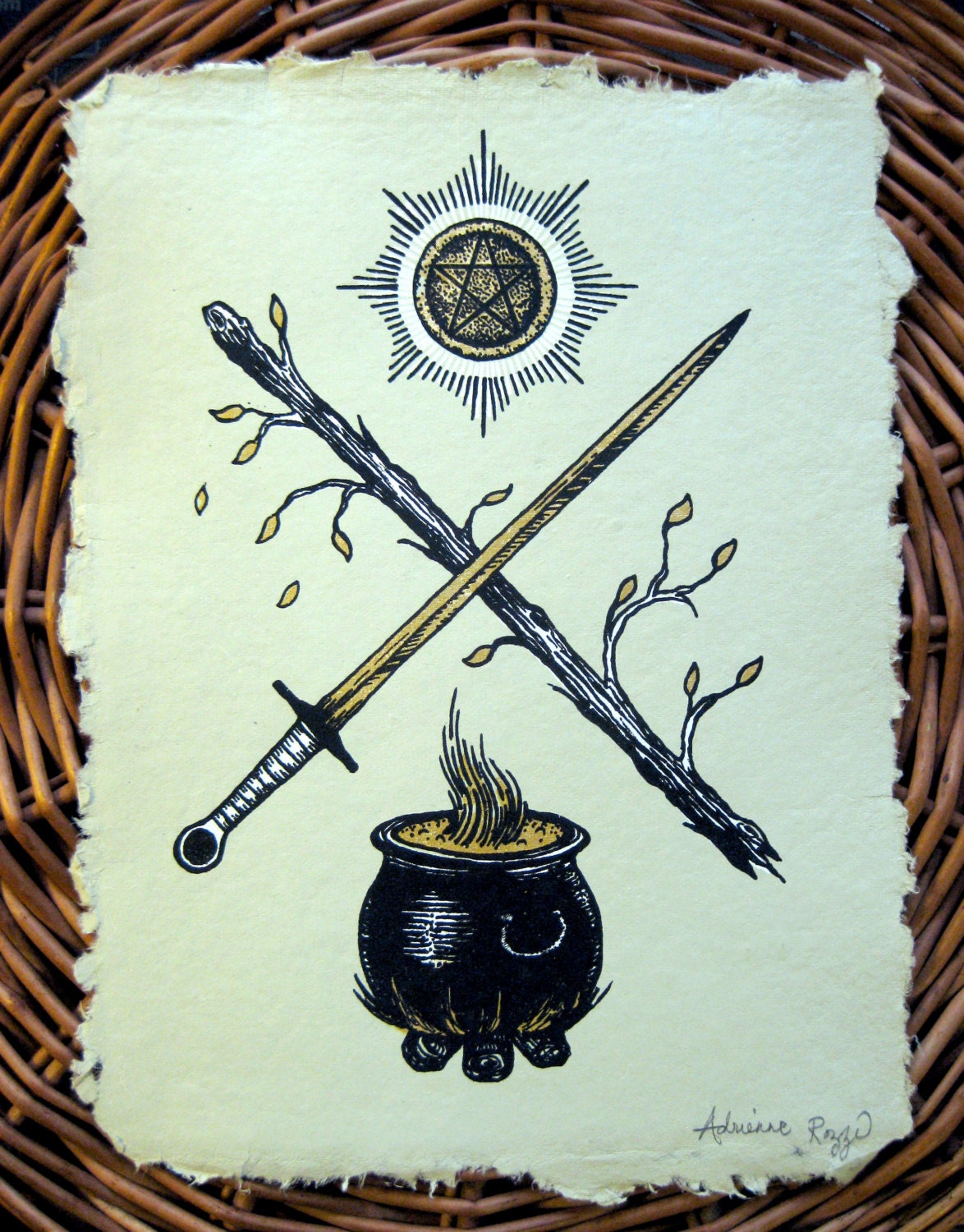 The Tarot Suits Spellbook Leaflet original artwork handmade screenprint, black white gold on MINT handmade paper.