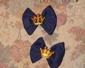 Navy bow hair clip with Golden crown pair