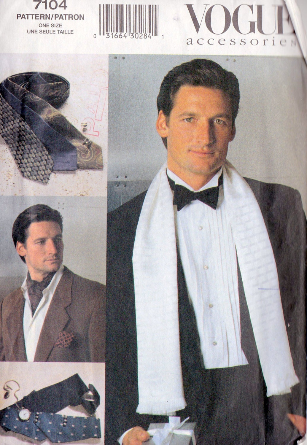 1980s Men's Ties, Ascot, Scarf & Cummerbund Vintage Sewing Pattern, Vogue 7104 One Size Fits All, uncut