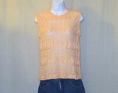 Vintage 70s SHEER KNIT TOP Peach Cute Stylish Women Small Medium Shell Pattern Acrylic Sleeveless Shirt