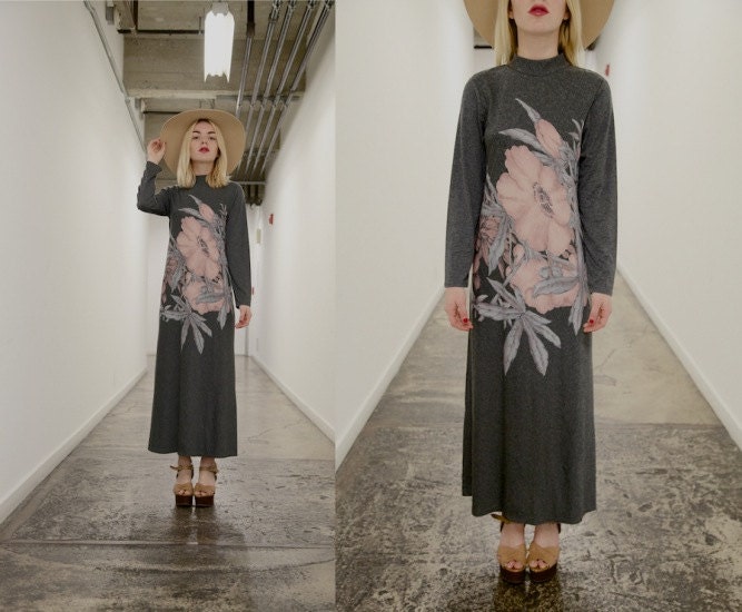 long vintage dresses, 1990's heather grey tropical floral print turtleneck maxi dress,
