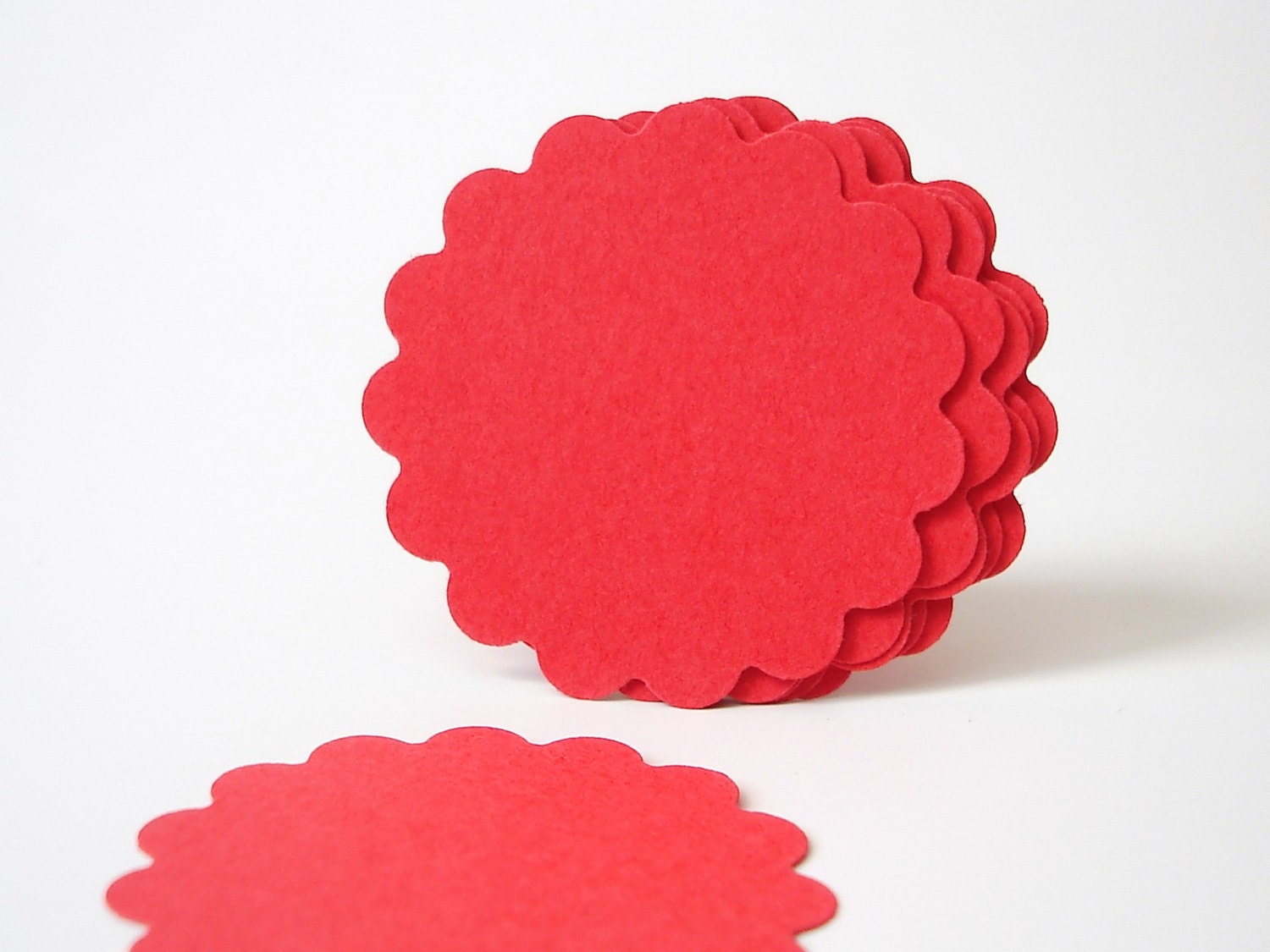 50 - 1.5" Red Scalloped Circles Punch Tags, Gift Tags, Cupcake Toppers, Scrapbooking, Embellishments - No250