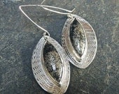 OOAK, Hand Made, Modern, Black Earrings, Large Earrings, Navette Shaped Pyrite in Agate Cabochon Gemstones, Recycled Sterling Silver