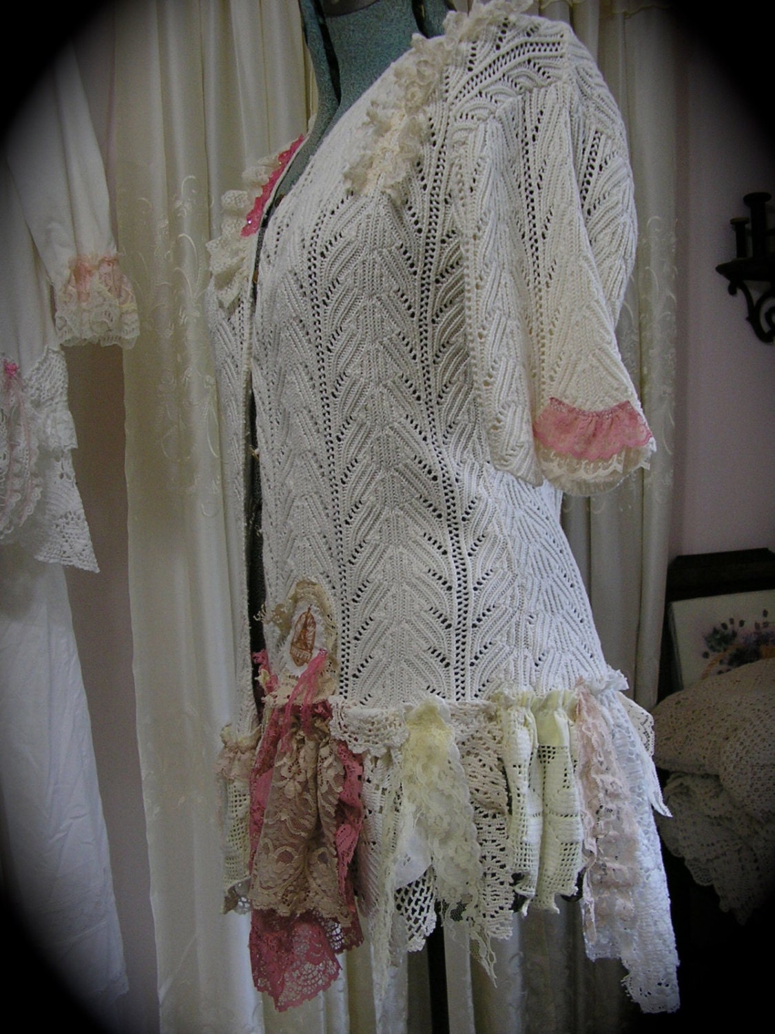 Doily Faerie Sweater, upcycled shabby french cottage chic doily lace embellished LARGE