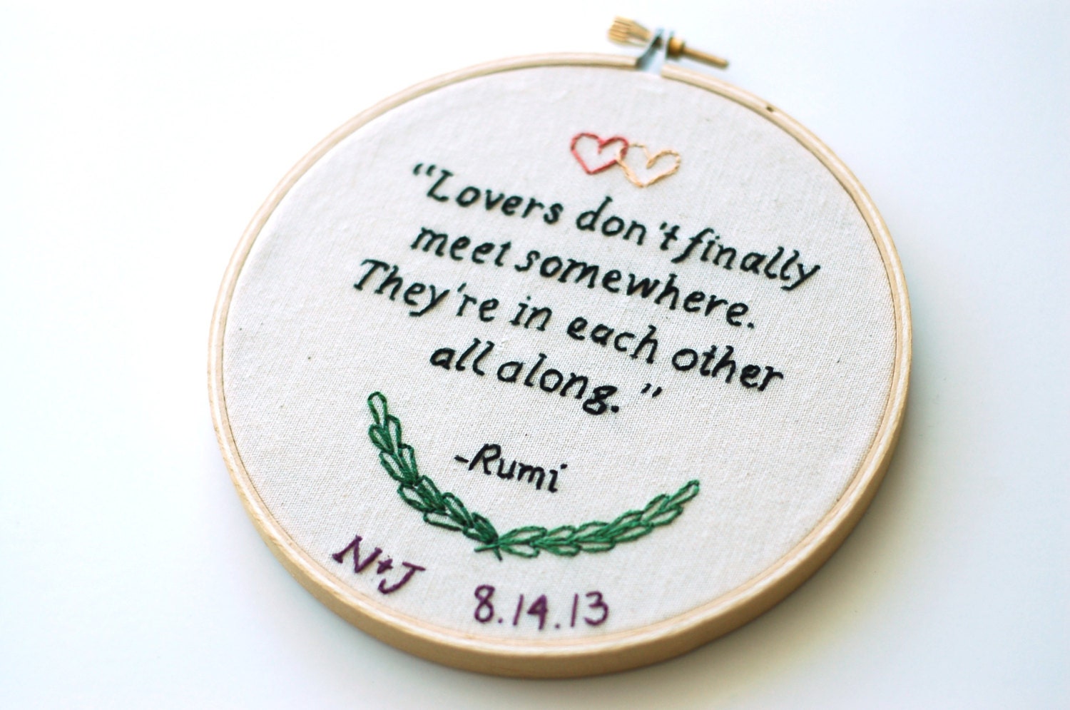 Hand Embroidered Love Poem by Rumi. Personalized Anniversary Gift