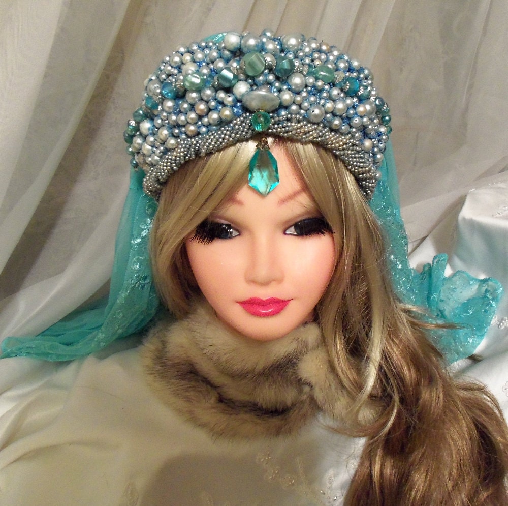 Beaded Head Piece, Something Blue Bridal Veil, Handmade, Vintage Haute Couture Headress, Wedding Accessory, OOAK