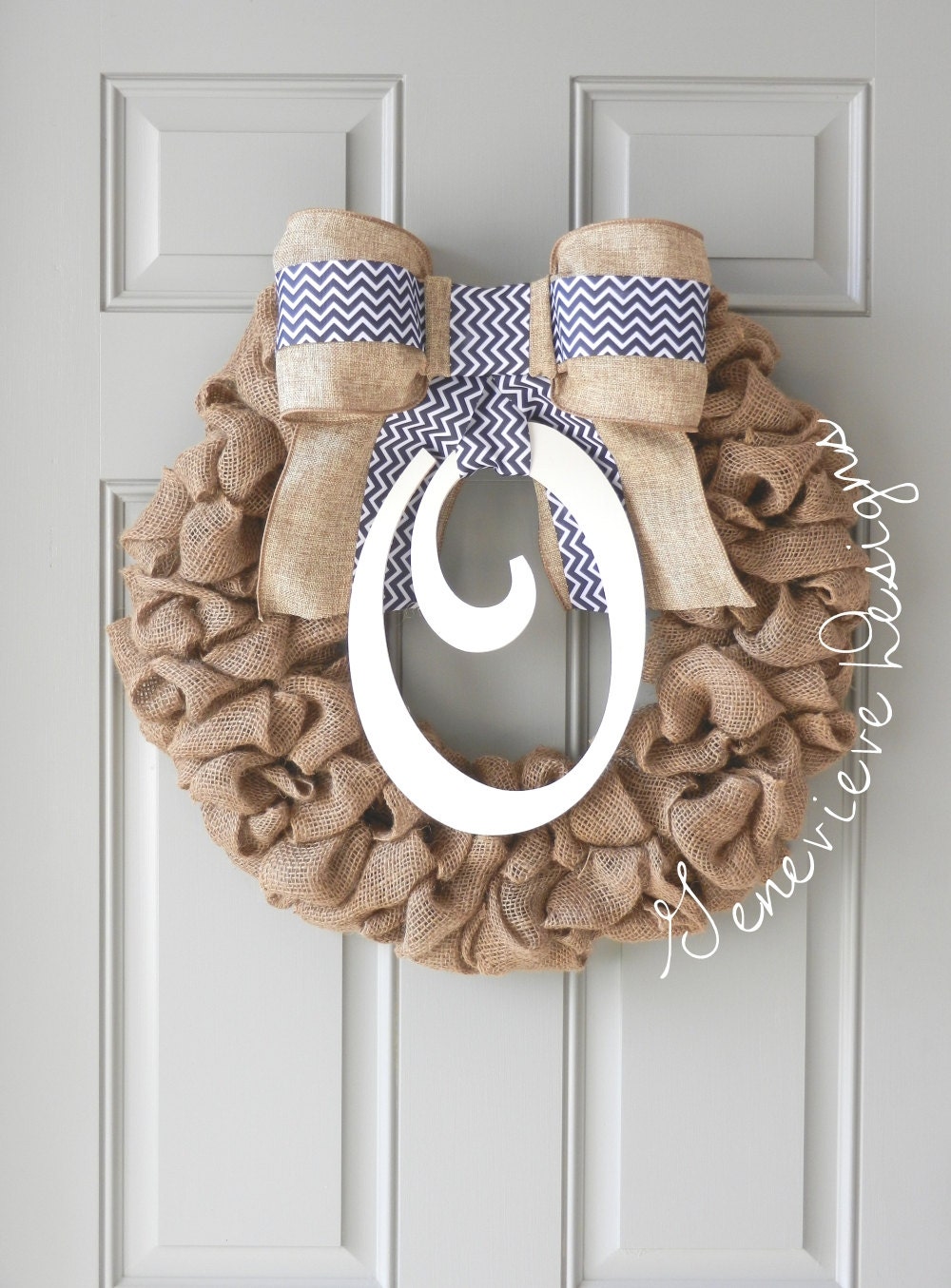 Burlap Wreath - Monogram & Black Chevron Bow - Front Door Wreath, Wedding Gift, Baby Wreath, Summer Wreath, Initial Wreath